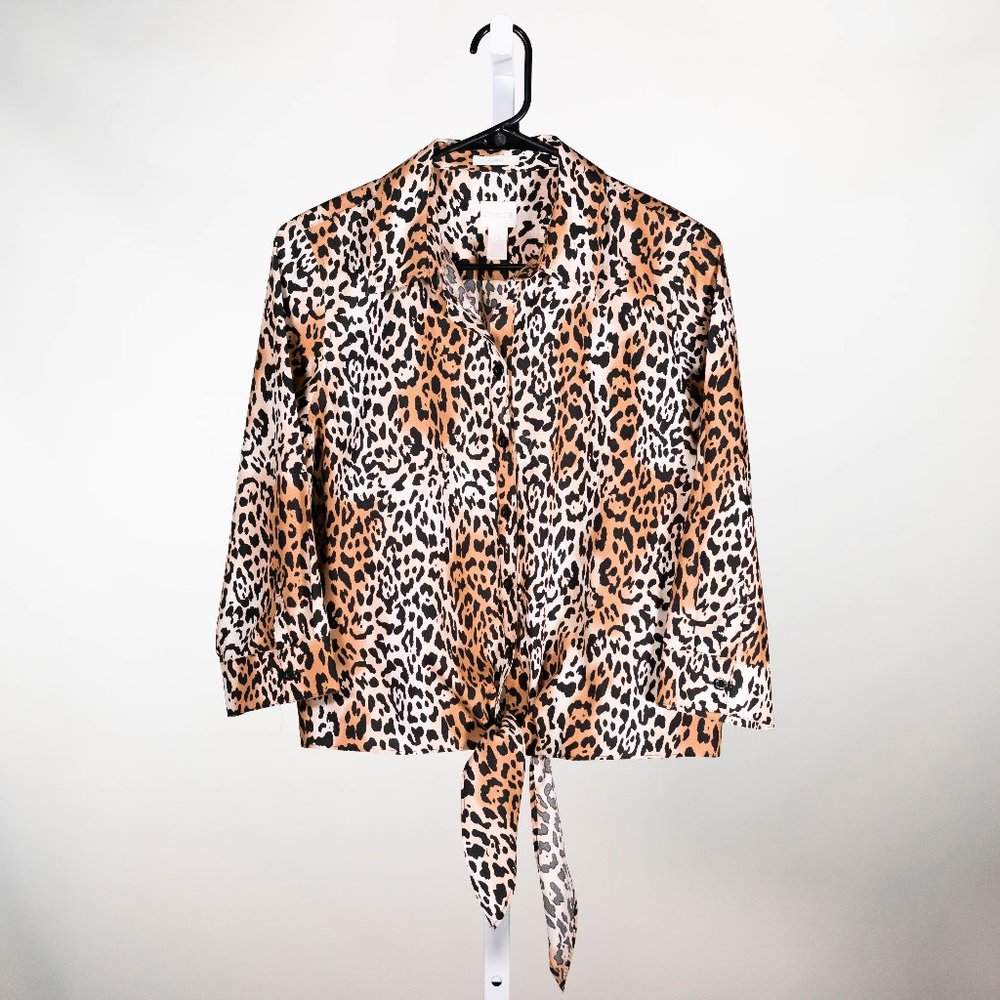 Chico's Womens Shirt Button Up Animal Cheetah Print Tie Waist Crop Top 0 US S/4